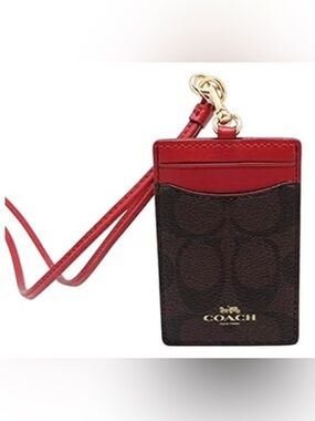 Coach Signature Brown Red Lanyard ID Badge Card Holder